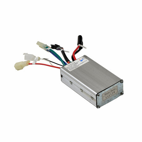 Currie 36 Volt 6-Pin Controller for electric scooters, featuring a silver box with multiple connected wires and tagged connectors, designed for easy installation in compatible scooter models.