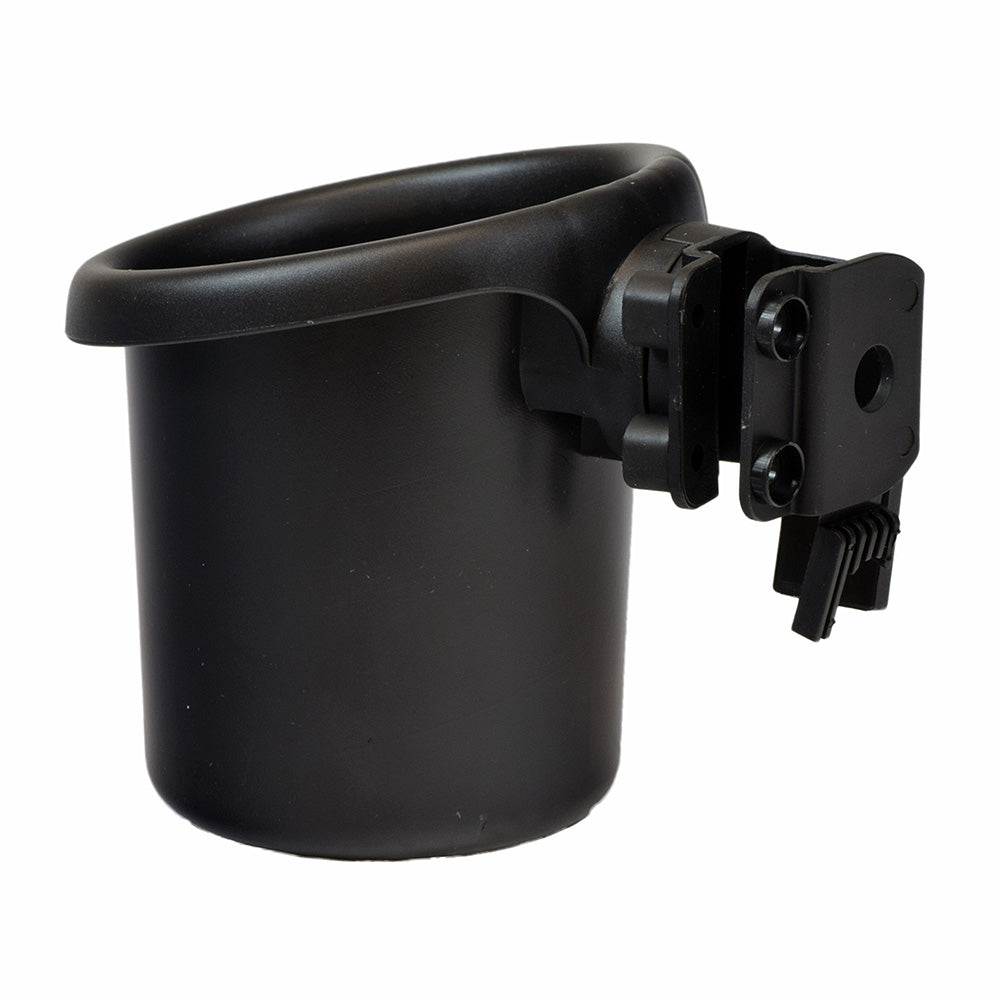 Cup Holder for ActiveCare Medalist, featuring a sturdy holder with a handle, designed to securely attach to the power chair, providing convenient access for users.