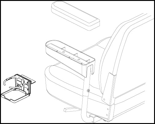 Cup Holder for Pride Mobility Scooters and Power Chairs with Recessed Arm Rest Pads (B Style), illustrated in a detailed line drawing, showing the flip-up mechanism and armrest integration.