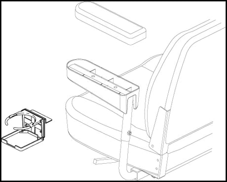 Cup Holder for Pride Mobility Scooters and Power Chairs with Recessed Arm Rest Pads (B Style), illustrated in a detailed line drawing, showing the flip-up mechanism and armrest integration.