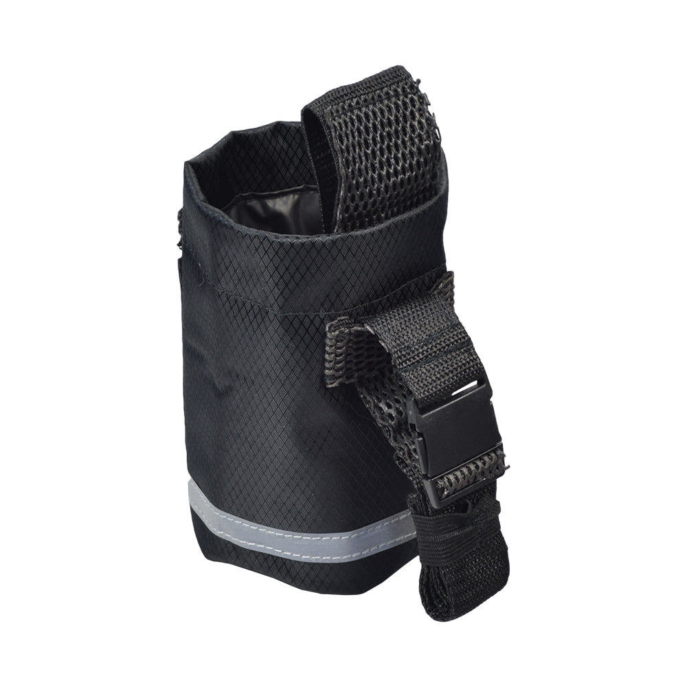 Unbreakable Universal Cup Holder for Mobility Scooters, Power Chairs, & Wheelchairs, featuring a black strap and durable fabric, designed for secure attachment to armrests with quick-clip pinch buckles.