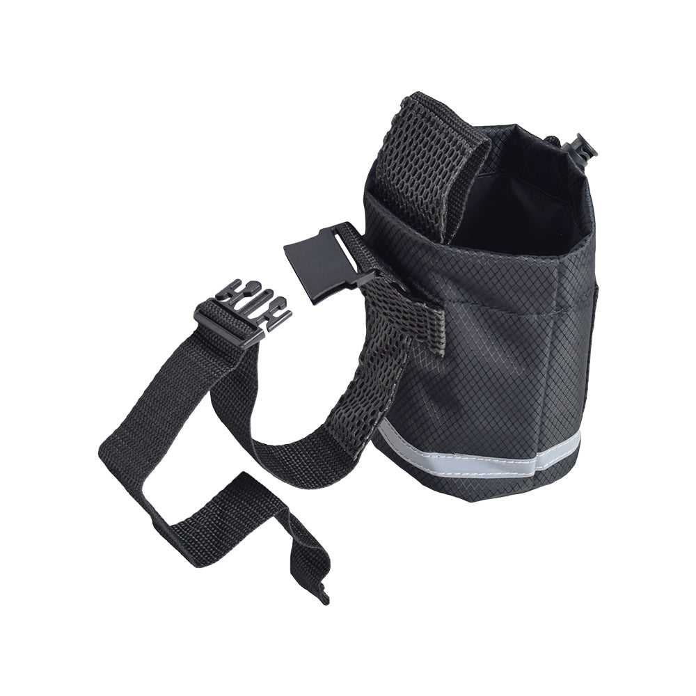 Unbreakable Universal Cup Holder for Mobility Scooters, Power Chairs, & Wheelchairs, featuring a black bag with a strap and a black plastic buckle for secure attachment.