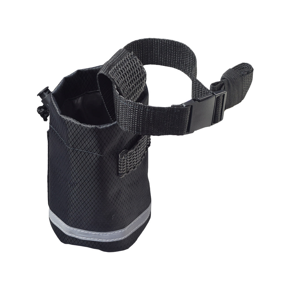 Unbreakable Universal Cup Holder for Mobility Scooters, Power Chairs, & Wheelchairs, featuring a durable black fabric design with a strap for secure attachment, ideal for holding coffee cups or water bottles.