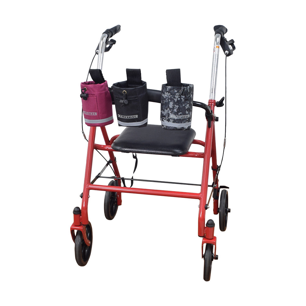 Unbreakable Universal Cup Holder for Mobility Scooters, Power Chairs, & Wheelchairs shown attached to a red walker with a black seat and multiple storage bags.