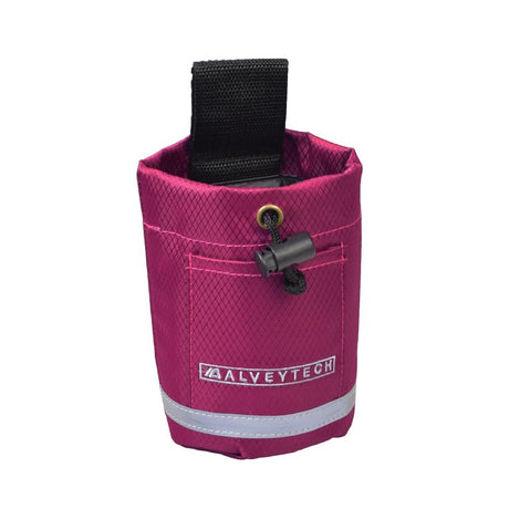 Unbreakable Universal Cup Holder for Mobility Scooters, Power Chairs, & Wheelchairs featuring a pink fabric design with a black strap and Quick-clip pinch buckles for secure attachment to armrests.