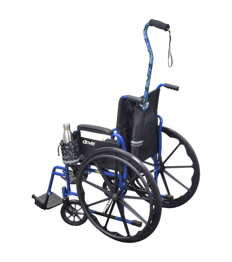 Universal Cane Holder & Cup Holder Combination for Mobility Scooters, Power Chairs, & Wheelchairs, featuring a durable wheelchair with attached fabric holders for canes and cups, enhancing accessibility and convenience.