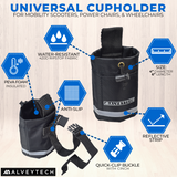 Universal Cane Holder & Cup Holder Combination for Mobility Scooters, Power Chairs, & Wheelchairs, featuring a black bag with a strap and multiple blue hexagon icons indicating various functionalities.