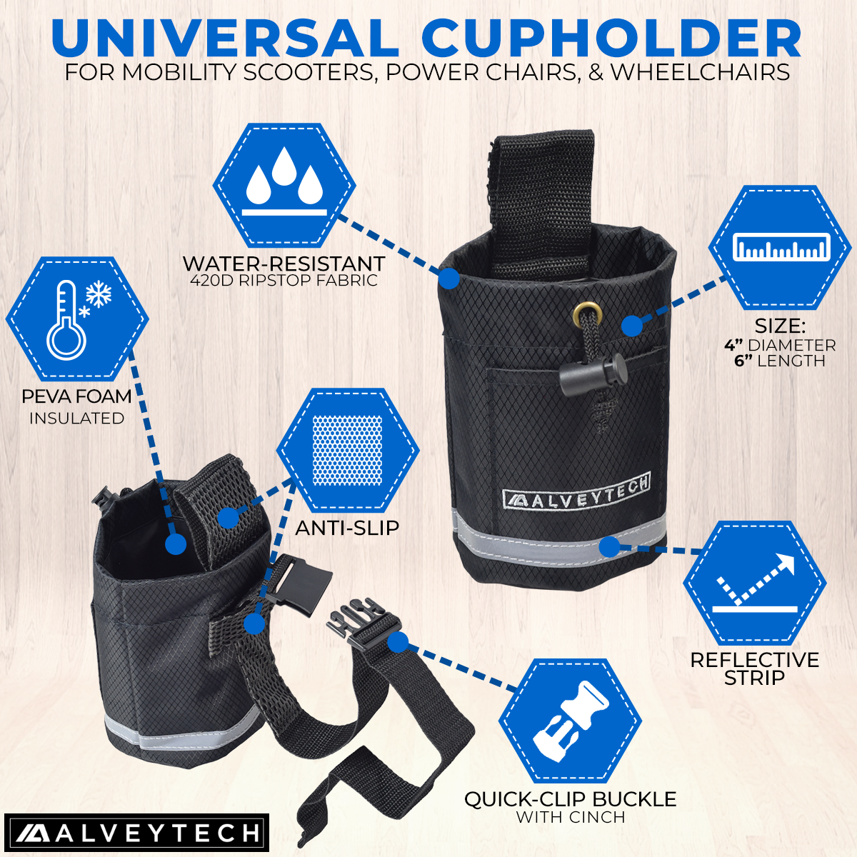 Seat Back Bag (Backpack) & Cup Holder Combination for Mobility Scooters, Power Chairs, & Wheelchairs: A black nylon bag with multiple compartments and a universal mount cup holder attached with quick-clip buckles.