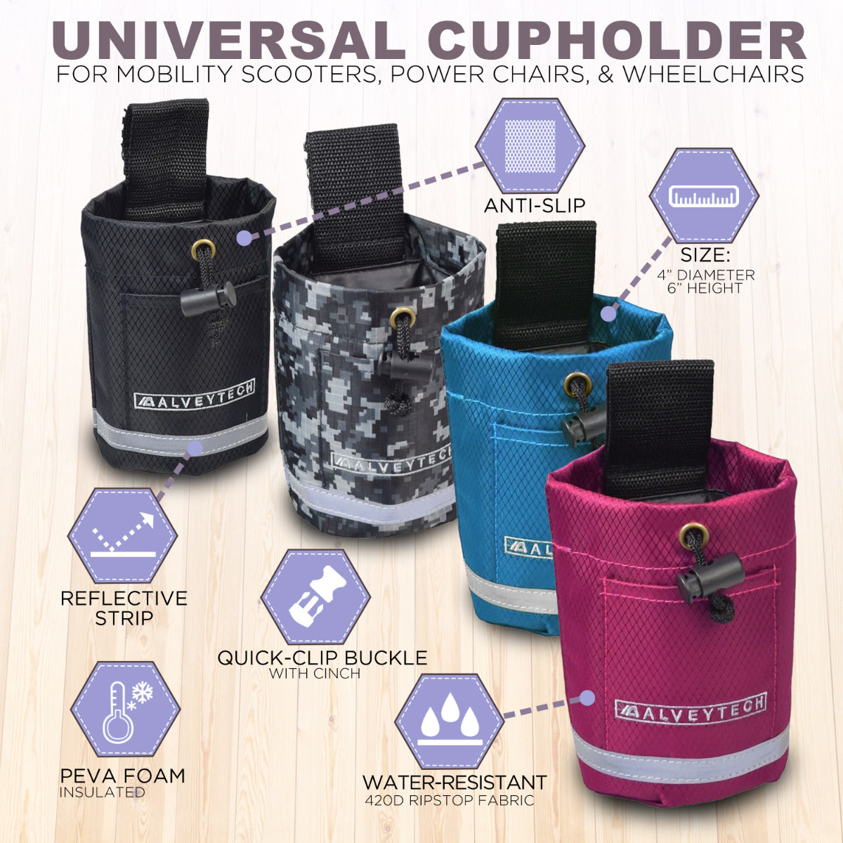 Unbreakable Universal Cup Holder for Mobility Scooters, Power Chairs, & Wheelchairs, showcasing various durable, fabric cup holders with insulated interiors and Quick-clip pinch buckles for secure mounting.