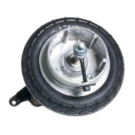 Rear Wheel Assembly for eZip I-130, I-135 & I-150, and Razor E100 Belt Drive Models, featuring a close-up of the wheel, screw, nut, axle, brake drum, and belt sprocket.