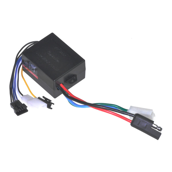 Currie 24 Volt 25 Amp Controller for the eZip Nano and Nano Carver, featuring a compact black box with attached colorful wires, designed for direct OEM replacement by Currie Technologies.