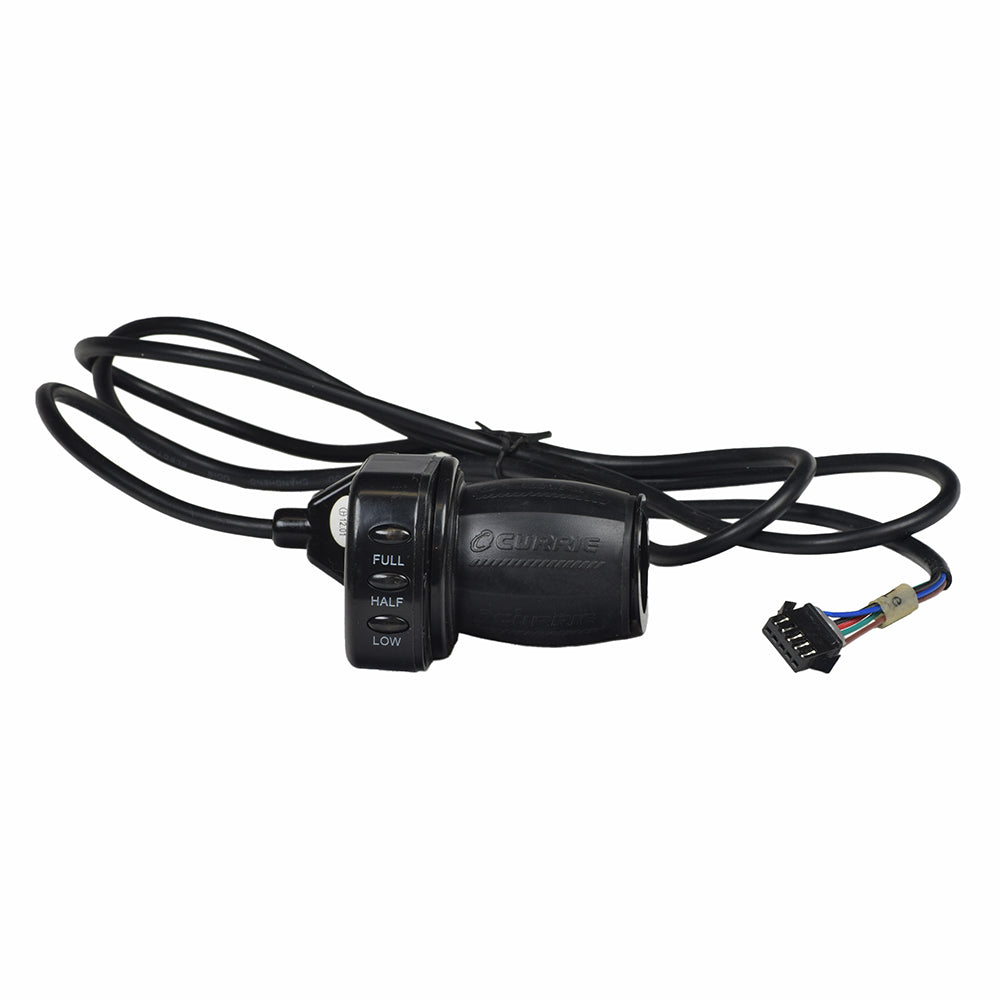 Currie 36 Volt 5-Pin Twist Grip Throttle for IZIP & Mongoose Electric Bikes, featuring a black handlebar grip with an LED light display, attached cable, and integrated buttons.