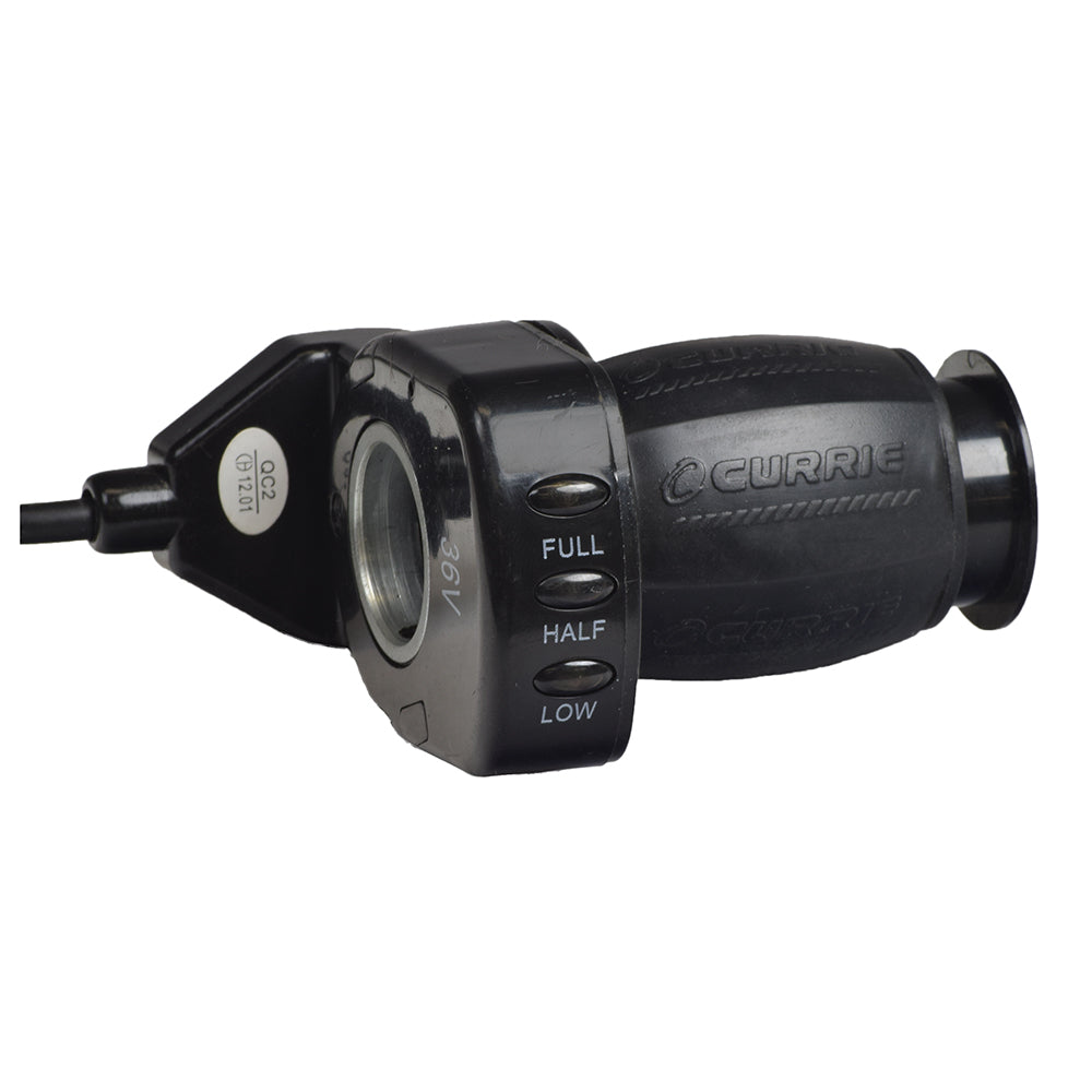 Currie 36 Volt 5-Pin Twist Grip Throttle for IZIP & Mongoose Electric Bikes, featuring a black device with buttons, LED light display, and twisting grip, attached to a bike handlebar.