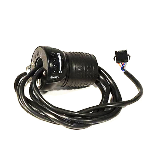 Currie 5-Pin Twist Grip Throttle for eZip & IZIP TriCruiser, featuring a black device with an attached cable, designed for precise control and compatibility with eZip and IZIP TriCruiser bikes.