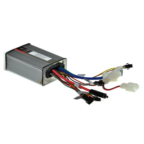 Currie 24 Volt 35A 3-Pin Controller for IZIP & EZIP Electric Bicycles with AC/DM Serial Numbers, featuring multiple colored wires and connectors for motor, battery, throttle, cadence sensor, and brake inhibit switch.