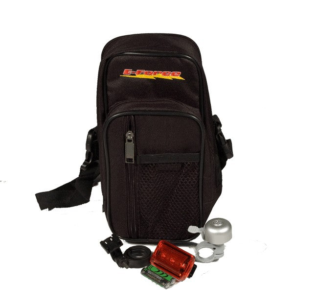 Bicycle Bag Accessory Pack featuring a black backpack with a zipper, accompanied by a red bell and flashing tail light.