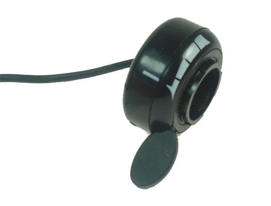 Close-up of the Thumb Throttle - 3 Wire, showing its black plastic housing and three-wire configuration, compatible with Schwinn, GT, IZIP, Mongoose, and Minimoto electric scooters.