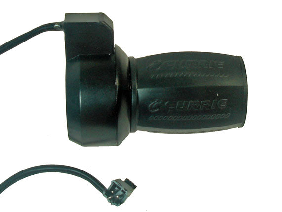 Currie Twist Grip Throttle - 2 Pin Non-Diagnostic, close-up of black plastic throttle with attached wire, compatible with Schwinn, IZIP, GT, eZip, and Mongoose electric scooters.