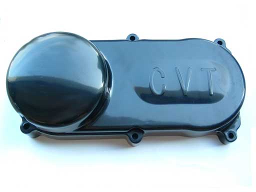 Close-up of a CVT Cover (Black) featuring a sleek, round design with a smooth finish, highlighting its durable build and precise craftsmanship for automotive use.