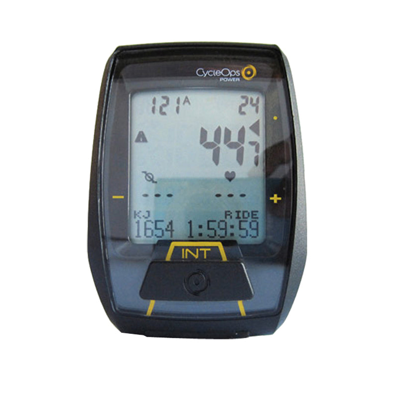 Close-up of the CycleOps 7286 Joule Wireless Bike Computer, showcasing its digital display and sleek design, highlighting its advanced metrics for cyclists.