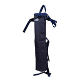 Oxygen Cylinder Holder for Mobility Scooters, featuring straps, a padded adjustable pouch, and non-flammable polyester construction, designed to securely hold D or E size oxygen tanks.