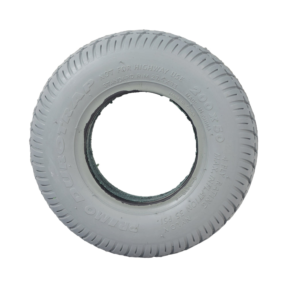 8x2 (200x50) Foam-Filled Mobility Tire with IA-2817 Tread, featuring a smooth, non-marking gray rubber surface and a central hole, designed for efficient rolling on hard surfaces.