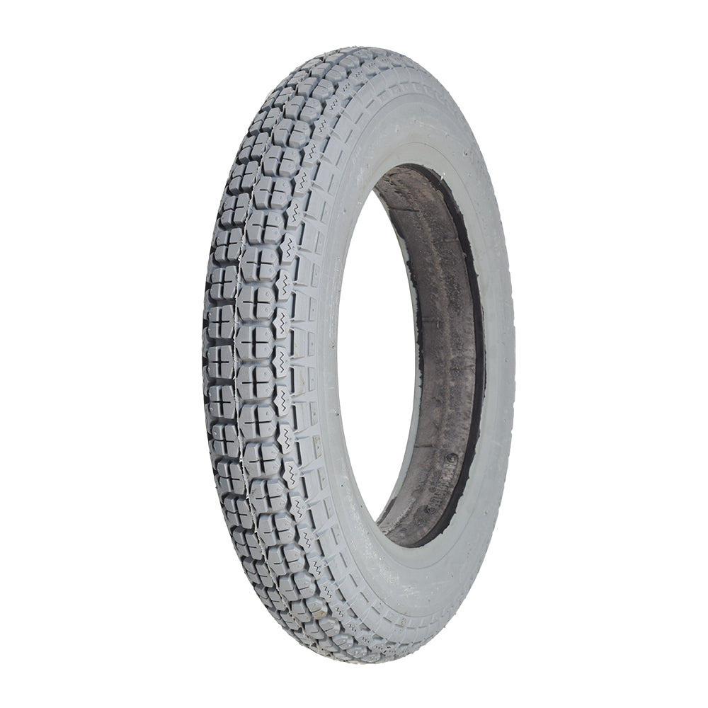 3.00-10 Foam-Filled Mobility Tire with Knobby Tread, close-up showing the black rim and detailed tread pattern, designed for 10 rims, ensuring a flat-free experience for mobility chairs and scooters.