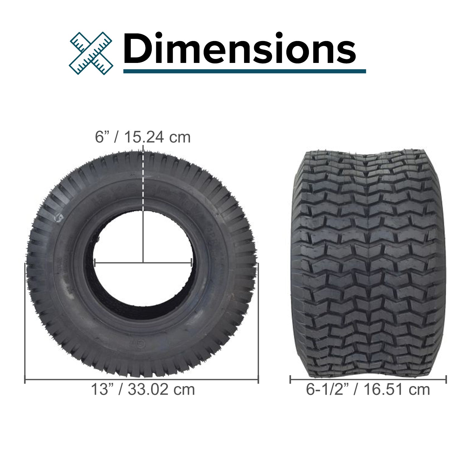 13x6.50-6 Tire for Murray Go-Karts shown with size measurements, featuring a black tread and central hole, suitable for dune buggies, ATVs, and karts.