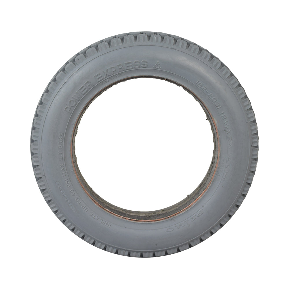 12-1/2x2-1/4 Foam-Filled Mobility Tire with C628 Knobby Tread, featuring a non-marking gray rubber and circular rim, designed for mobility scooters and power chairs.