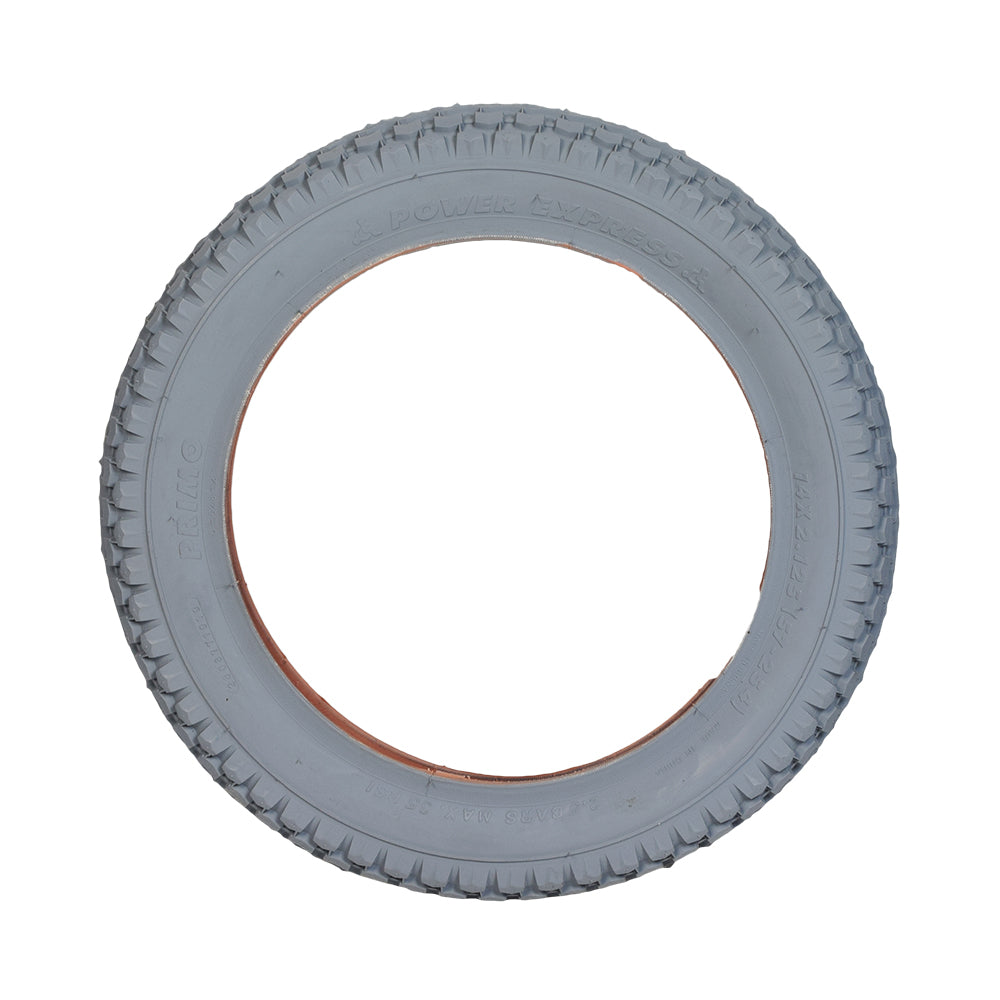 14x2.125 Pneumatic Mobility Tire with C628 Power Express Tread featuring a smooth, non-marking gray rubber surface and a distinct red center, ideal for many mobility scooters and power chairs.