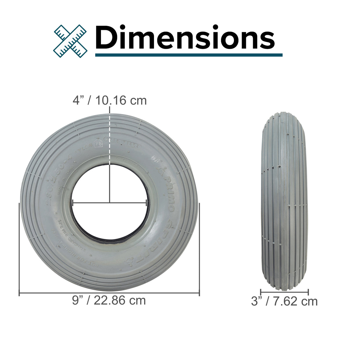 2.80/2.50-4 (9x3) Pneumatic Mobility Tire with C179G Spirit Ribbed Tread, featuring a central hole and ribbed design, ideal for front wheels to enhance turning and maneuverability.