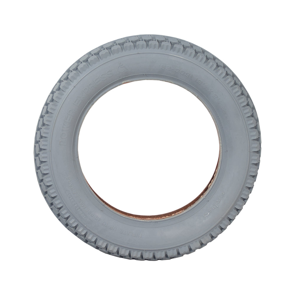 12-1/2x2-1/4 Pneumatic Mobility Tire with C628 Power Express Tread, close-up of a grey rubber tire with a white center, designed for smooth rides.