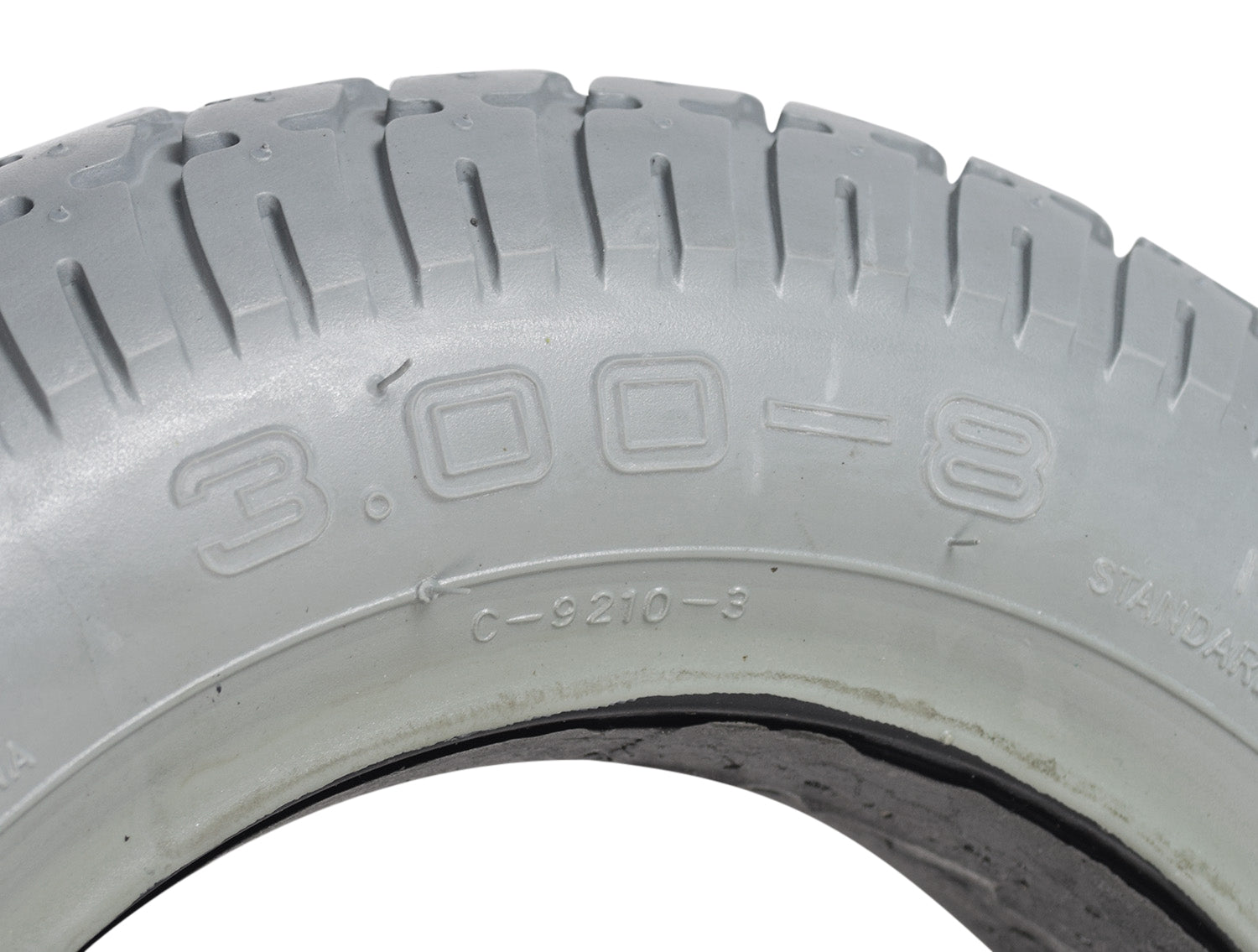 Close-up of a Primo 14x3 (3.00-8) foam-filled mobility tire with C9210 Durotrap tread, featuring a flush profile and 2.25 bead width, suitable for Jazzy and Jet power chairs.