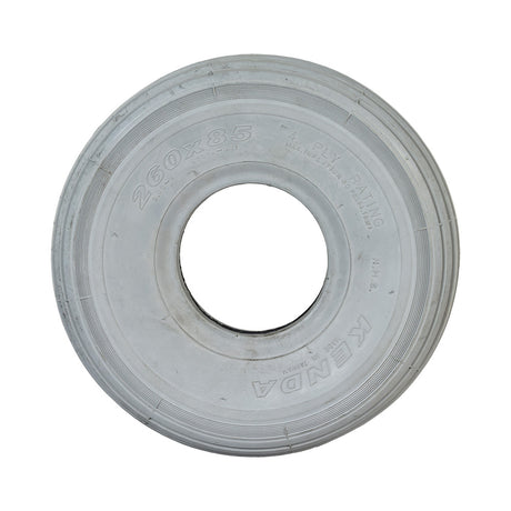 10x3 (3.00-4, 260x85) Pneumatic Mobility Tire with K301 Ribbed Tread, suitable for front wheels of mobility scooters and power chairs, featuring non-marking rubber and a central hole.