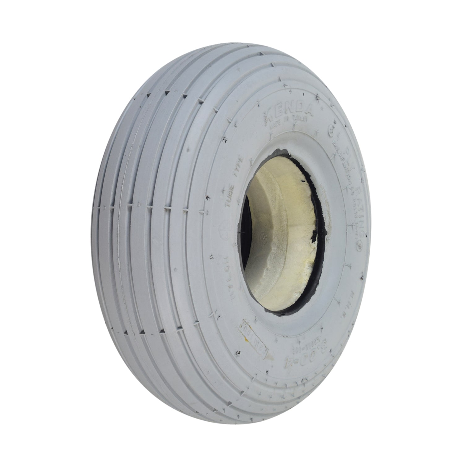 3.00-4 (10x3, 260X85) Foam-Filled Mobility Tire with K301 Ribbed Tread, showing a white circular wheel with a central hole and ribbed pattern, designed for mobility scooters and power chairs.