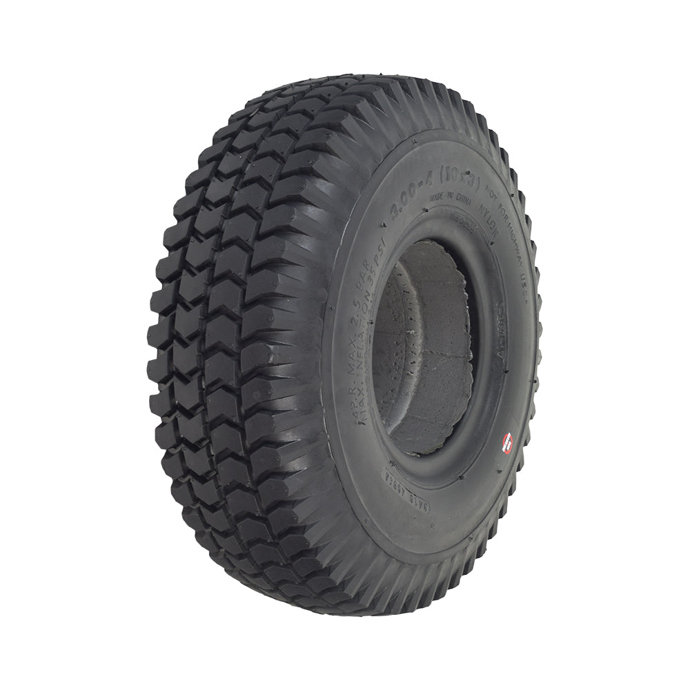 3.00-4 (10x3, 260X85) Foam-Filled Mobility Tire with Powertrax C248 Turf Tread, featuring a black tire with metal rim, ideal for older mobility scooters and power chairs.