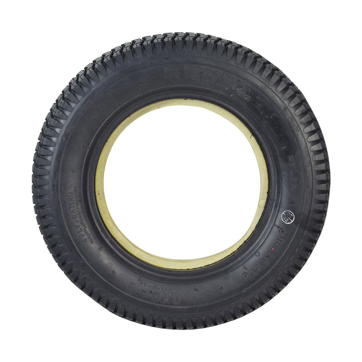 14x3 (3.00-8) Black Foam-Filled Mobility Tire (Narrow Lip Profile; 1.375 Bead Width) with K372 Turf Tread, featuring a white rim and designed for mobility scooters and power chairs.