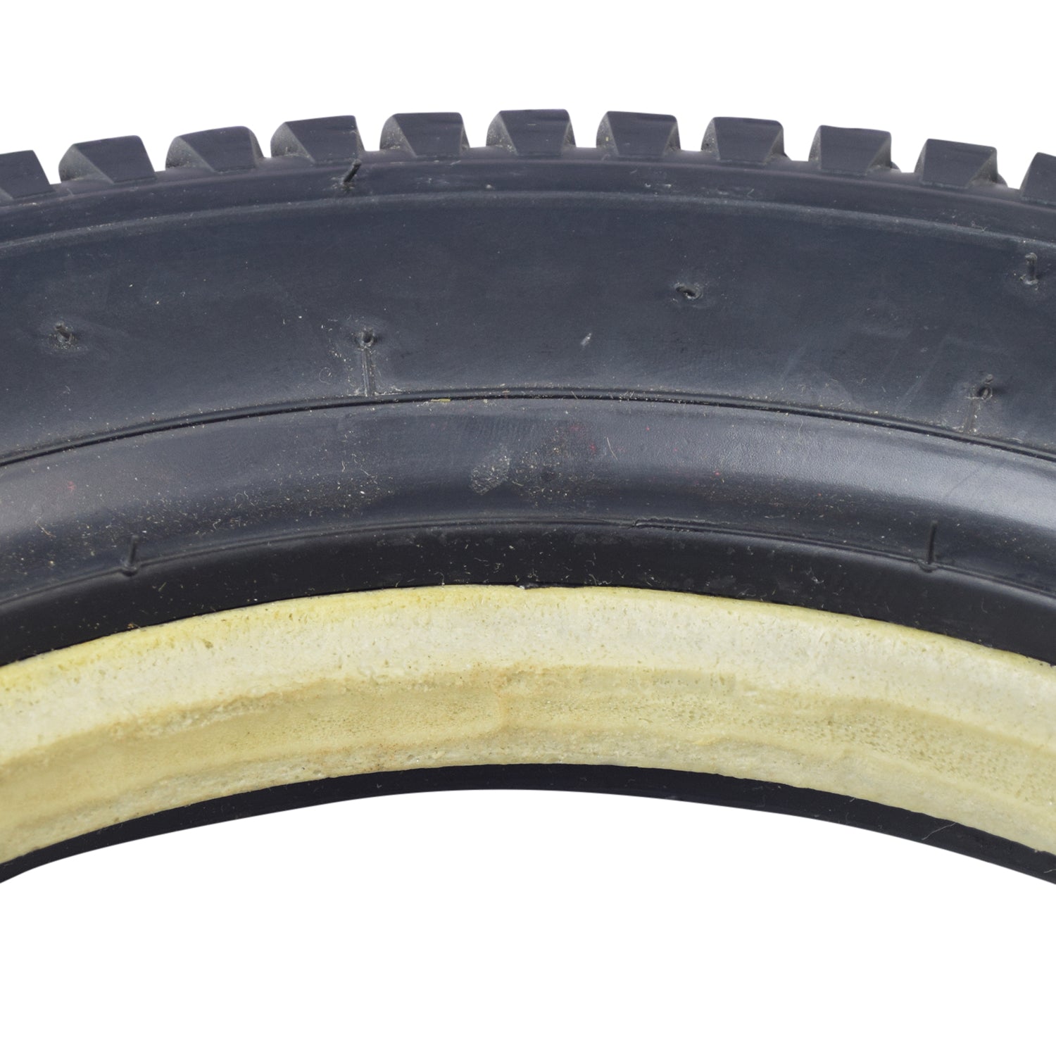 Close-up of 14x3 (3.00-8) Black Foam-Filled Mobility Tire (Narrow Lip Profile; 1.375 Bead Width) with K372 Turf Tread, showcasing detailed tread pattern and sturdy non-marking black rubber construction.