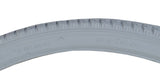 24x1-3/8 (37-540) Gray Pneumatic Wheelchair Tire with C63 Tread features a close-up of the non-marking gray tire, showcasing its detailed tread pattern designed for various wheelchairs.