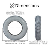 14x3 (3.00-8) Foam Filled Mobility Tire (Flush Profile; 50 mm Bead Width) with C248 Powertrax Tread, shown in a tire size comparison with measurements and close-up details of tread and profile.