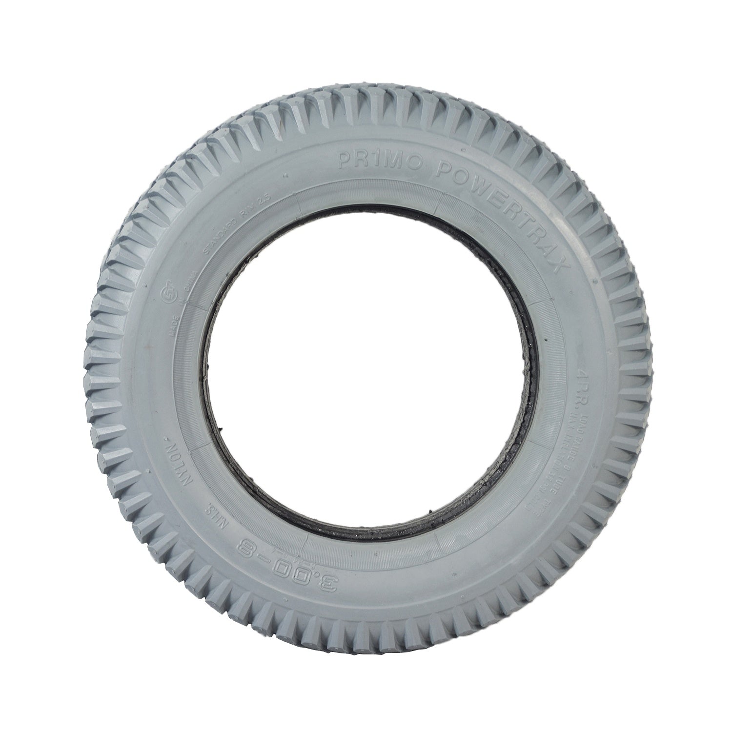 14x3 (3.00-8) Foam Filled Mobility Tire (Flush Profile; 50 mm Bead Width) with C248 Powertrax Tread, featuring a white circular rim and a knobby tread pattern, compatible with Invacare and Permobil power chairs.