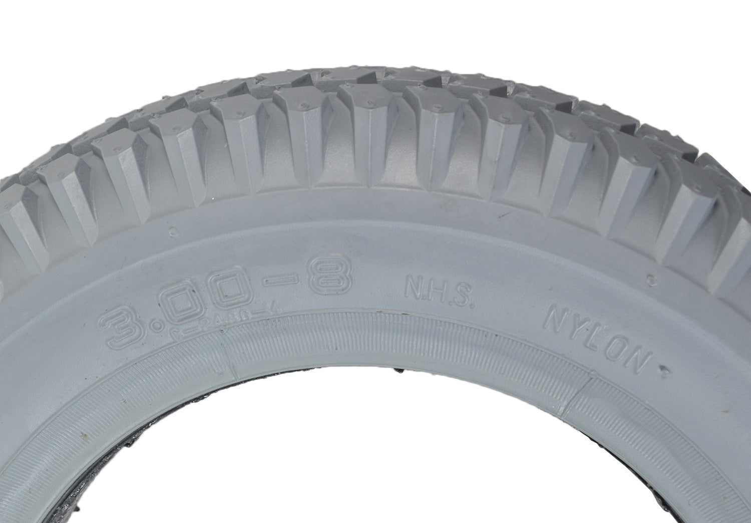 Close-up of the 14x3 (3.00-8) Foam Filled Mobility Tire with C248 Powertrax Tread, showcasing the knobby design and flush profile with a 50 mm bead width.