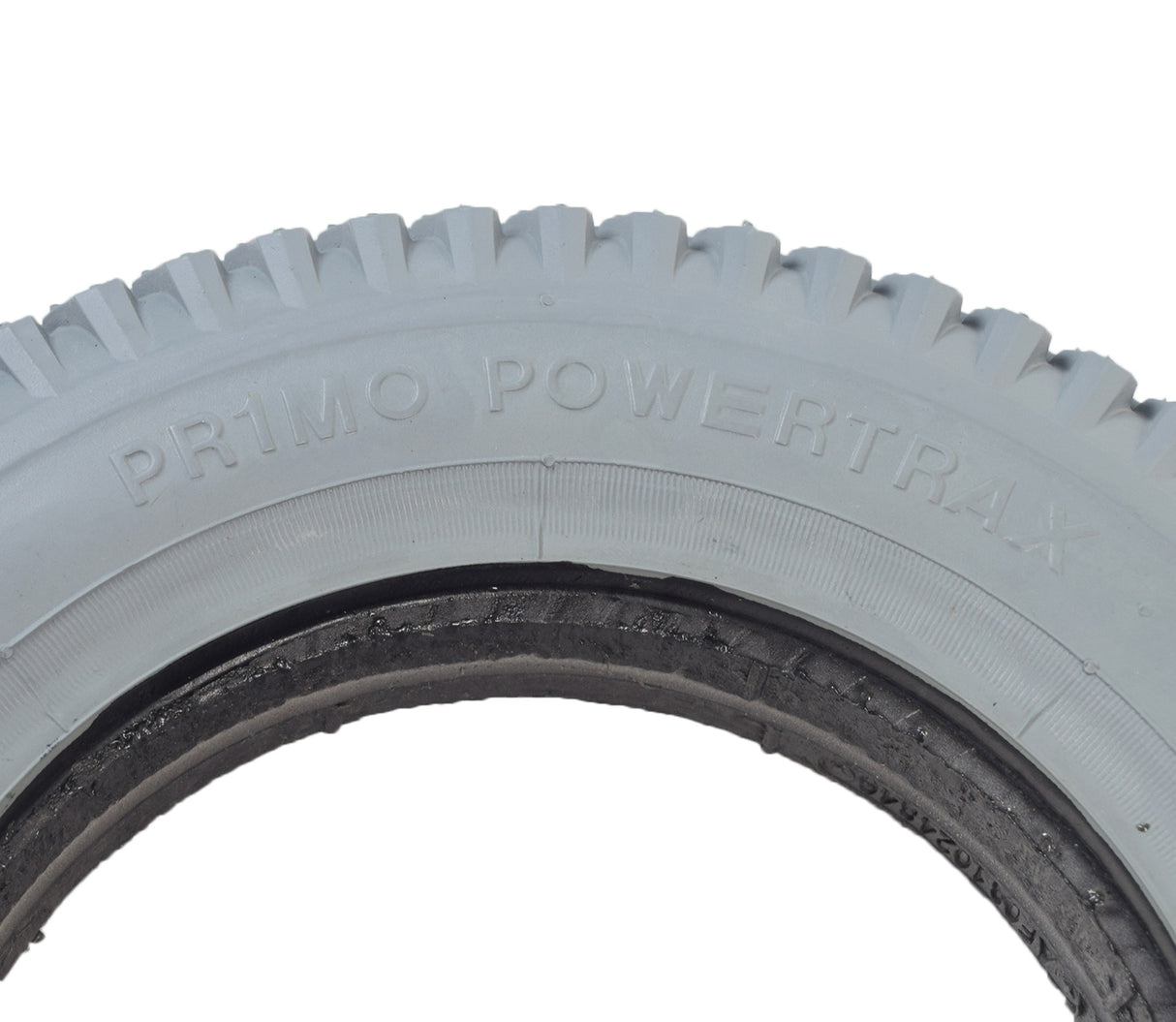 Close-up of 14x3 (3.00-8) foam-filled mobility tire with C248 Powertrax knobby tread, showcasing its flush profile and 50 mm bead width, compatible with Invacare and Permobil power chairs.