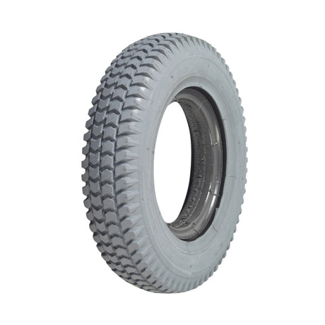 14x3 (3.00-8) Foam-Filled Tire for Jazzy 600 and 614 with Primo Powertrax tread, featuring a grey tire with a black rim and detailed tread pattern for flat-free performance.