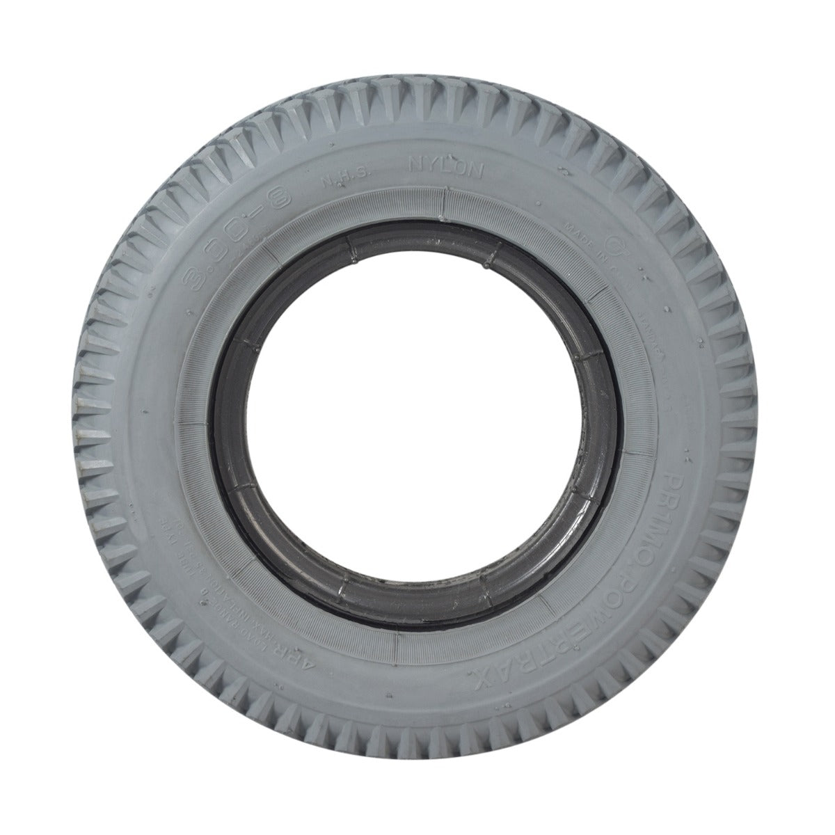 14x3 (3.00-8) Foam-Filled Mobility Tire with C248 Powertrax Tread, showcasing a close-up of the non-marking gray knobby tread and narrow lip profile, suitable for Jazzy and Jet power chairs.