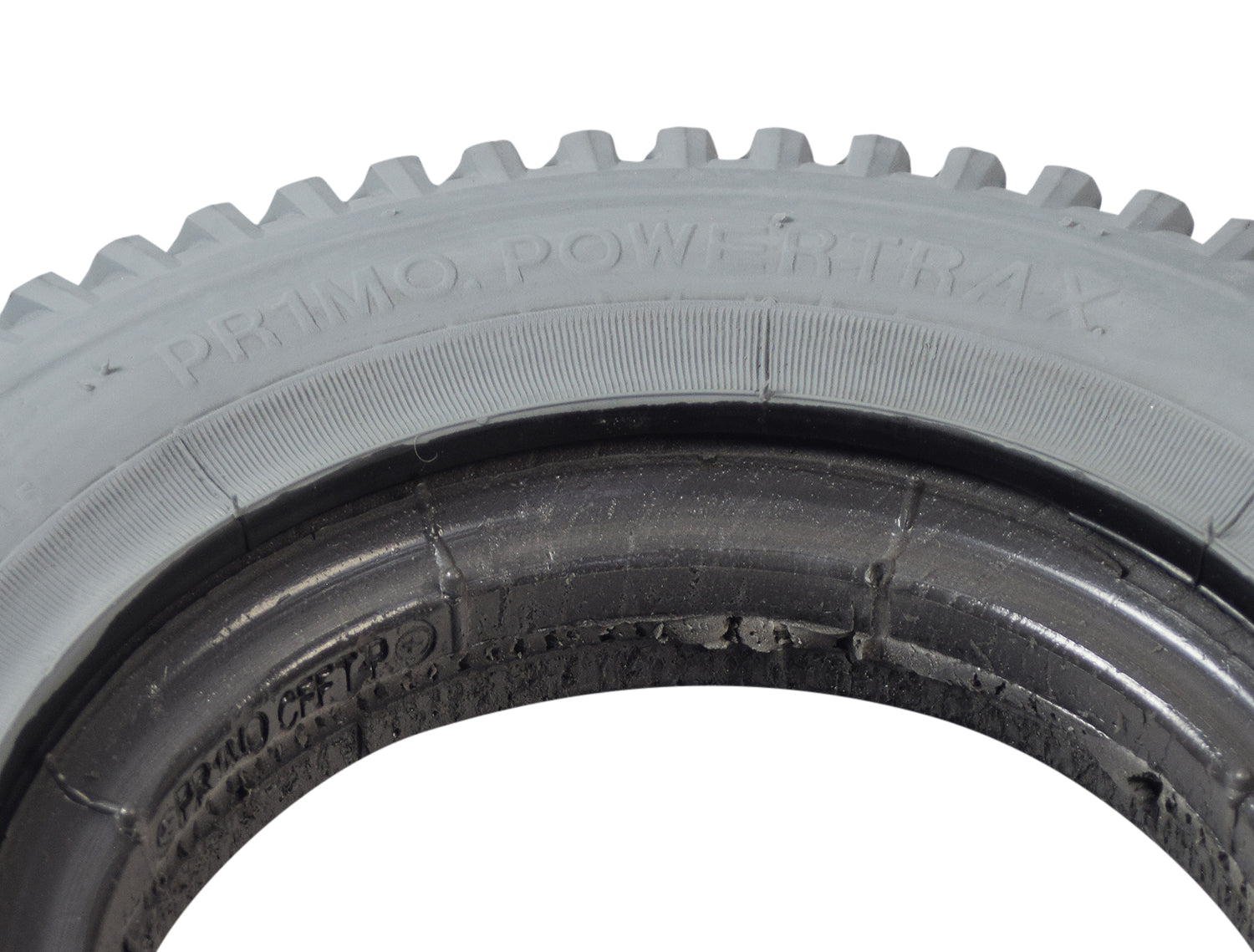 Close-up of a 14x3 (3.00-8) foam-filled mobility tire with C248 Powertrax knobby tread, featuring a narrow lip profile and 55 mm bead width, designed for Jazzy and Jet power chairs.