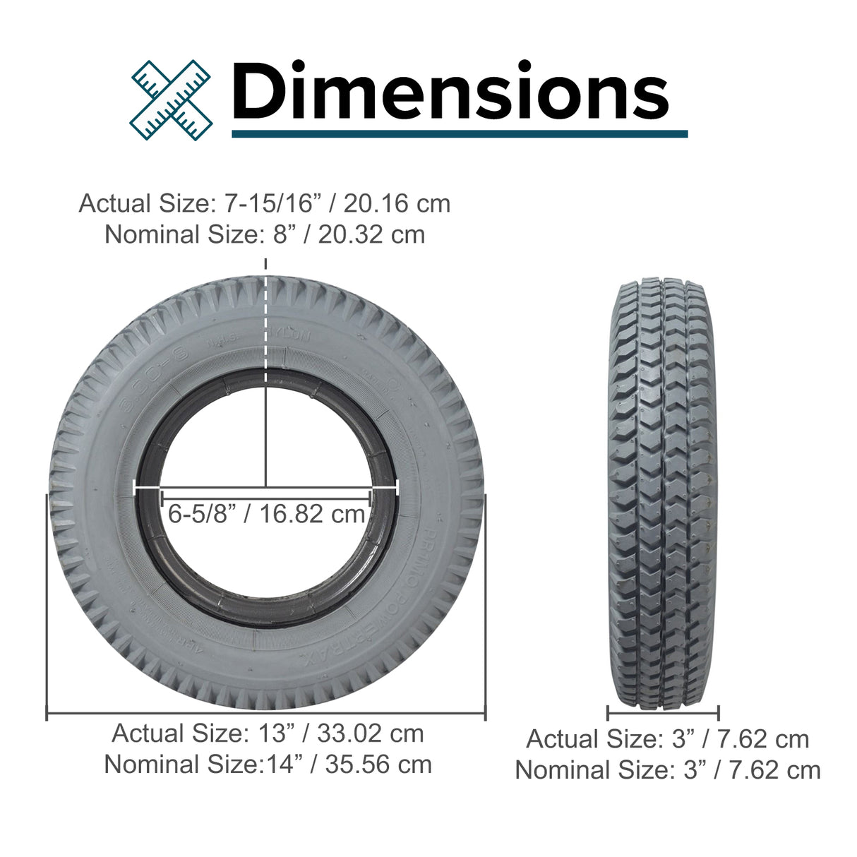 14x3 (3.00-8) foam-filled mobility tire with C248 Powertrax knobby tread, narrow lip profile, 55 mm bead width, shown in size comparison and close-up views highlighting measurements and tread details.