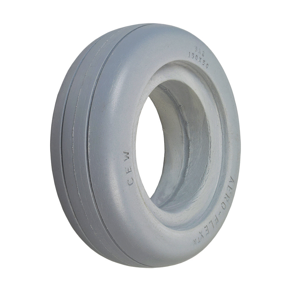 6x2 AeroFlex Light Gray Solid Urethane Mobility Tire with 2-Rib Tread; close-up showing smooth, hole-centered design, ideal for front or rear wheelchair use, ensuring a flat-free, comfortable ride.