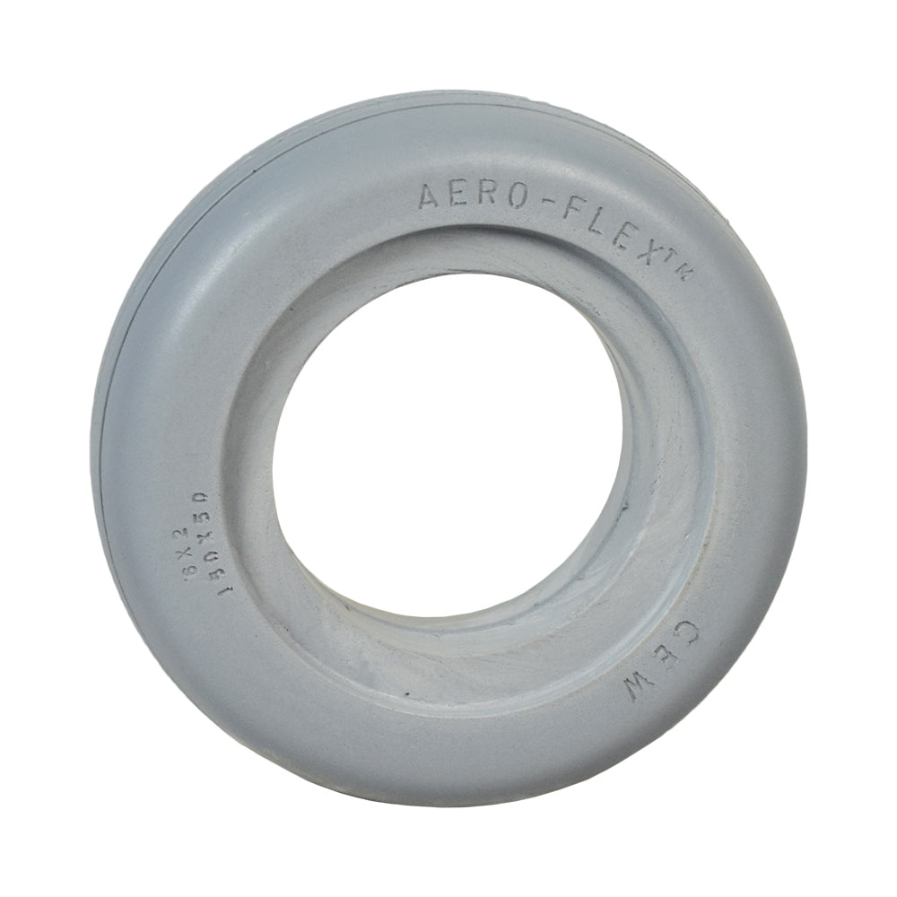 6x2 AeroFlex Light Gray Solid Urethane Mobility Tire with 2-Rib Tread, featuring a white circular design. Suitable for front and rear wheelchair use, providing smooth, flat-free mobility.