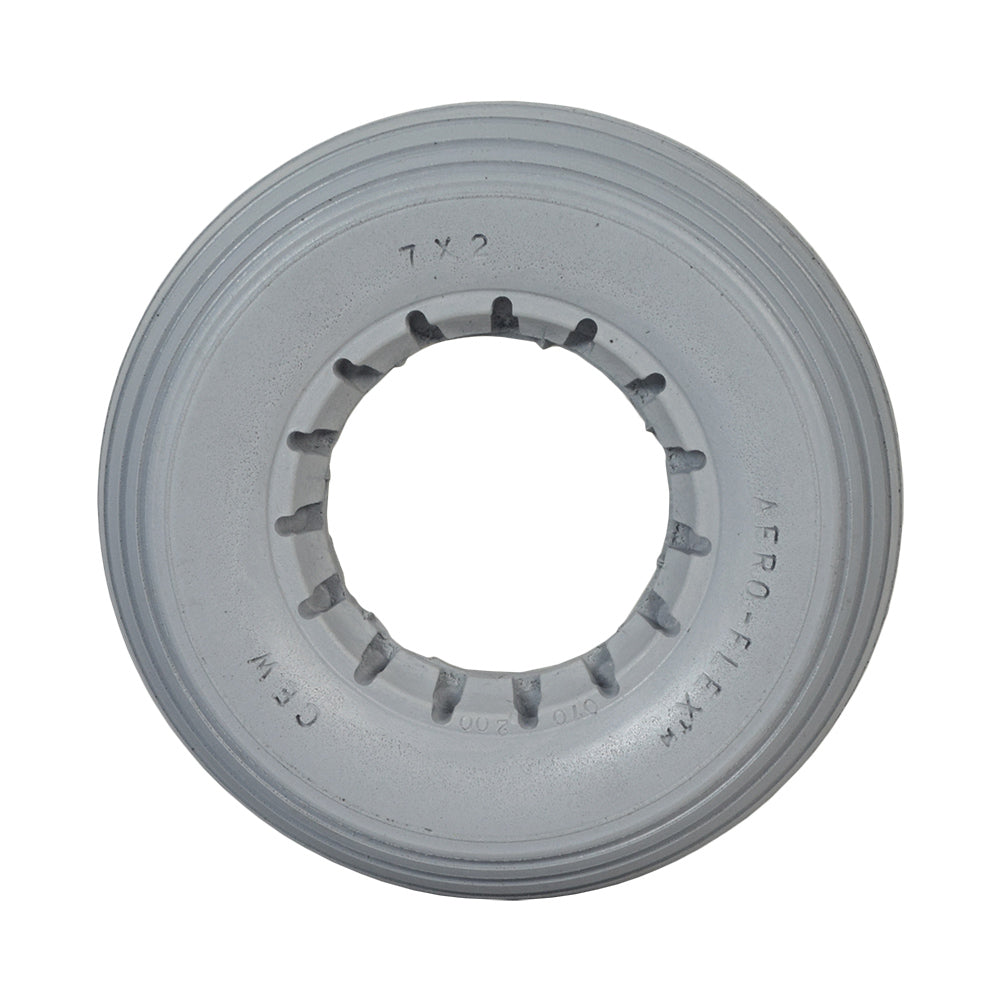 7x2 Light Gray Solid Urethane Mobility Tire with Ribbed Tread, featuring a white circular design and a central hole, flat-free and latex-free, ideal for dependable mobility applications.